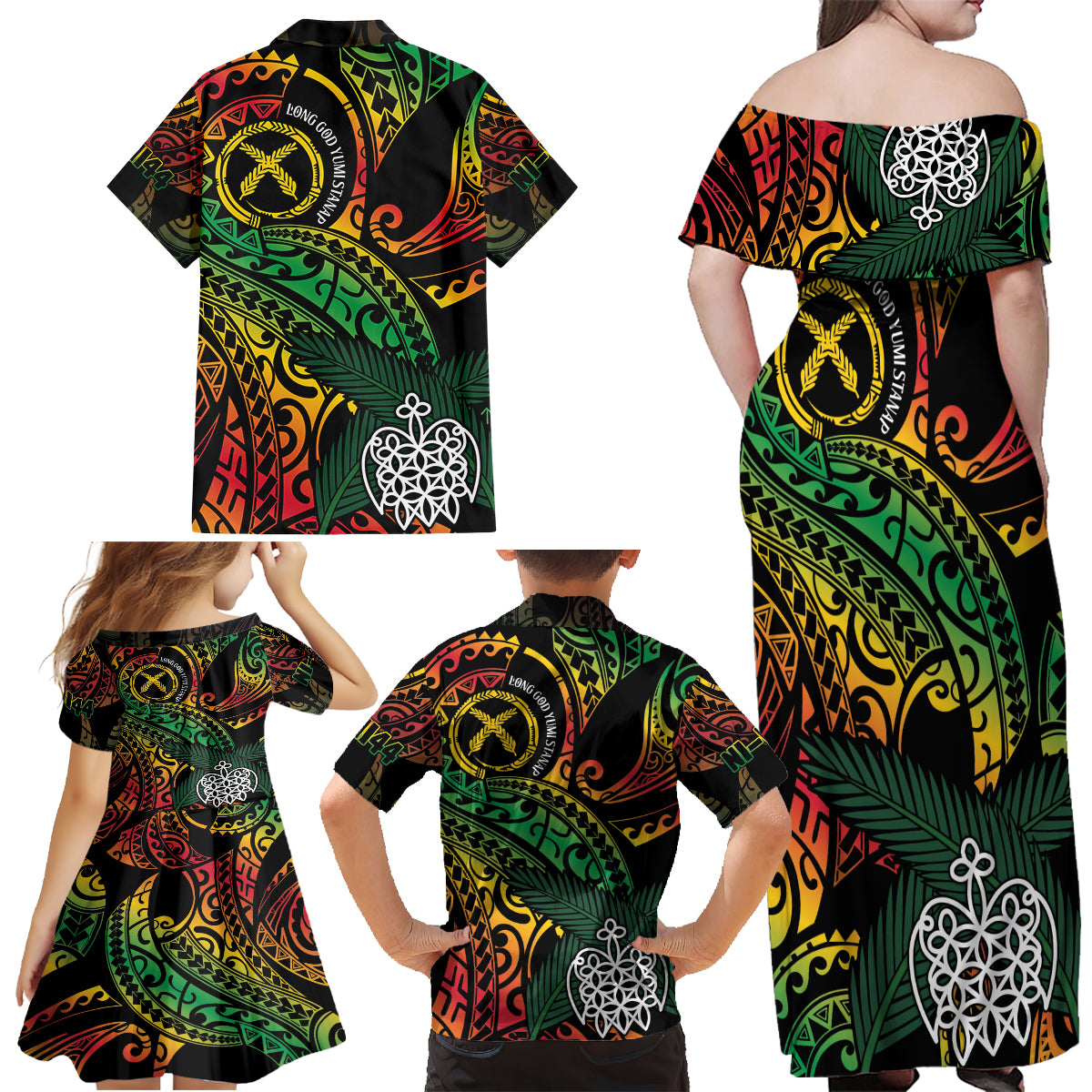 Vanuatu Indipendens Dei Family Matching Off Shoulder Maxi Dress and Hawaiian Shirt Mix Traditional Sand Drawing LT7 - Polynesian Pride