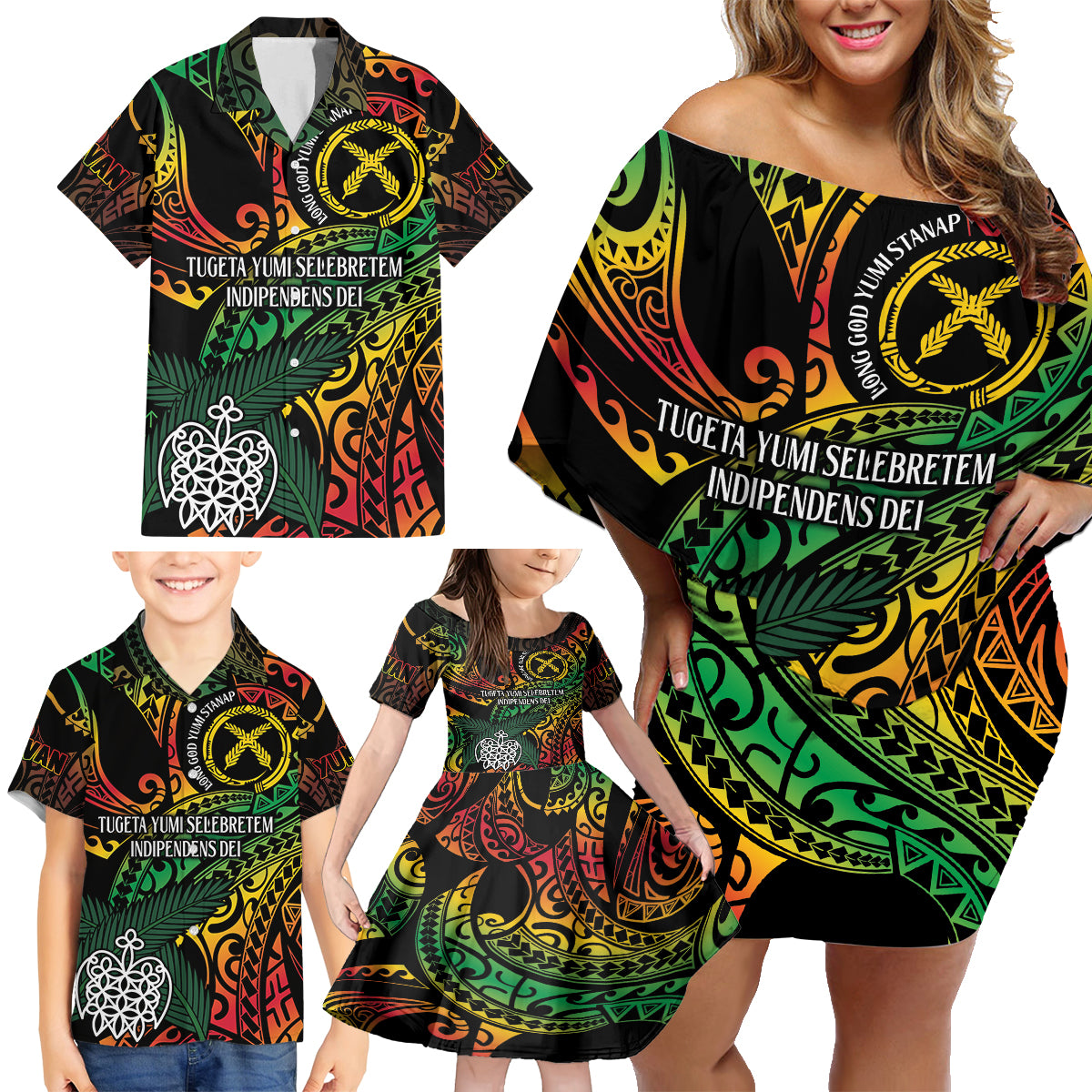 Vanuatu Indipendens Dei Family Matching Off Shoulder Short Dress and Hawaiian Shirt Mix Traditional Sand Drawing LT7 - Polynesian Pride