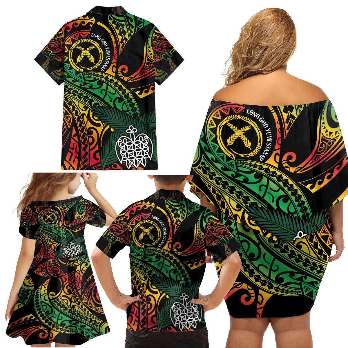 Vanuatu Indipendens Dei Family Matching Off Shoulder Short Dress and Hawaiian Shirt Mix Traditional Sand Drawing LT7 - Polynesian Pride
