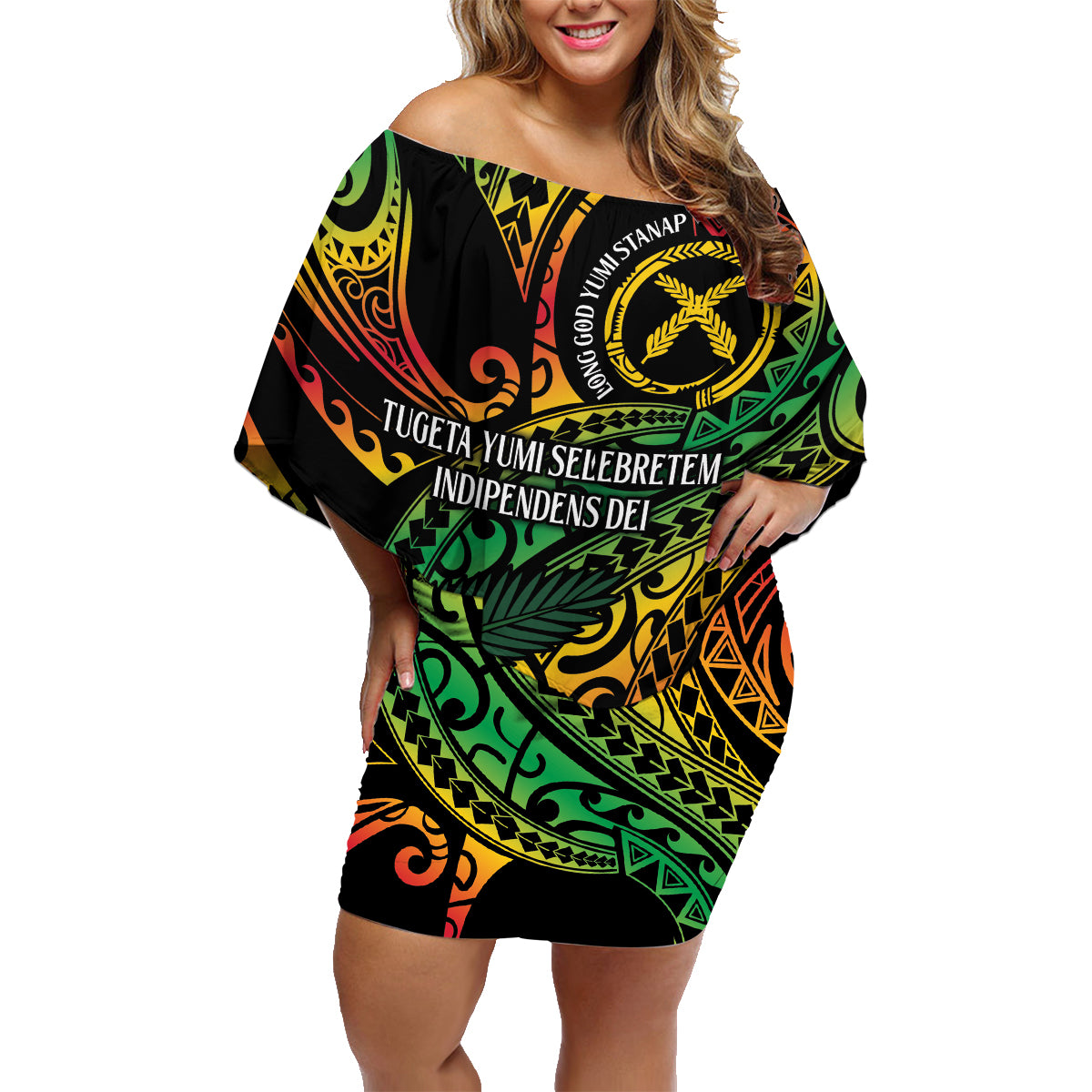Vanuatu Indipendens Dei Family Matching Off Shoulder Short Dress and Hawaiian Shirt Mix Traditional Sand Drawing LT7 Mom's Dress Colorful - Polynesian Pride