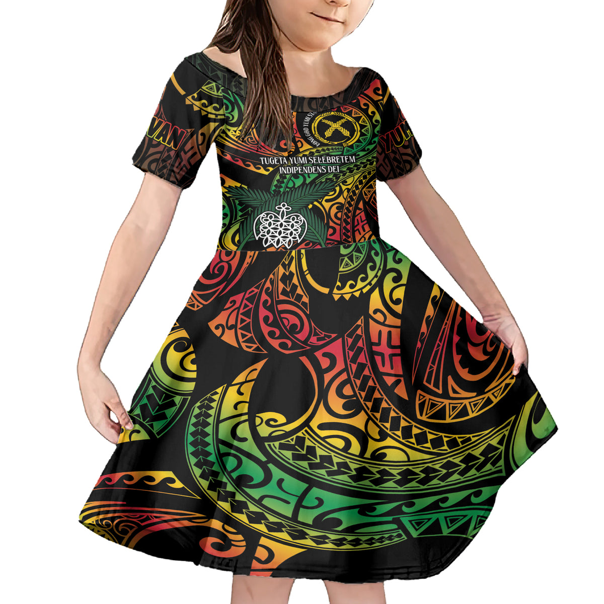 Vanuatu Indipendens Dei Family Matching Short Sleeve Bodycon Dress and Hawaiian Shirt Mix Traditional Sand Drawing LT7 Daughter's Dress Colorful - Polynesian Pride