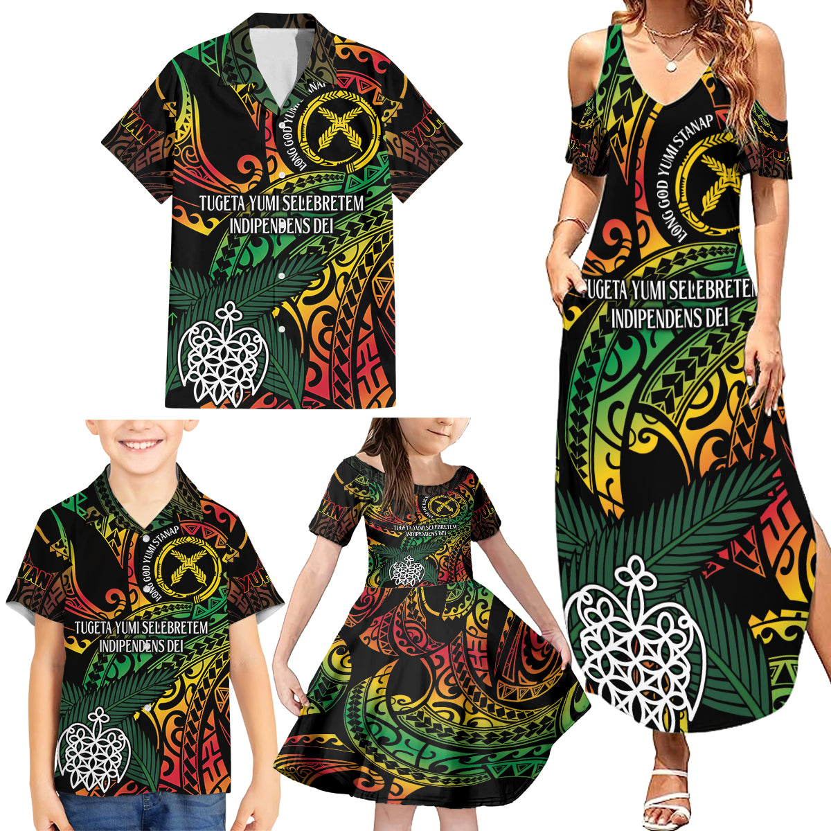 Vanuatu Indipendens Dei Family Matching Summer Maxi Dress and Hawaiian Shirt Mix Traditional Sand Drawing LT7 - Polynesian Pride