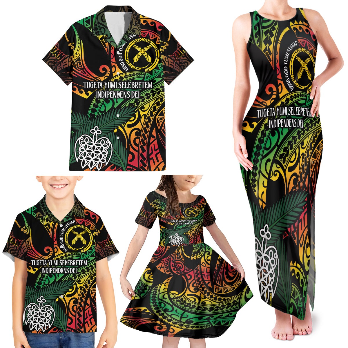 Vanuatu Indipendens Dei Family Matching Tank Maxi Dress and Hawaiian Shirt Mix Traditional Sand Drawing LT7 - Polynesian Pride