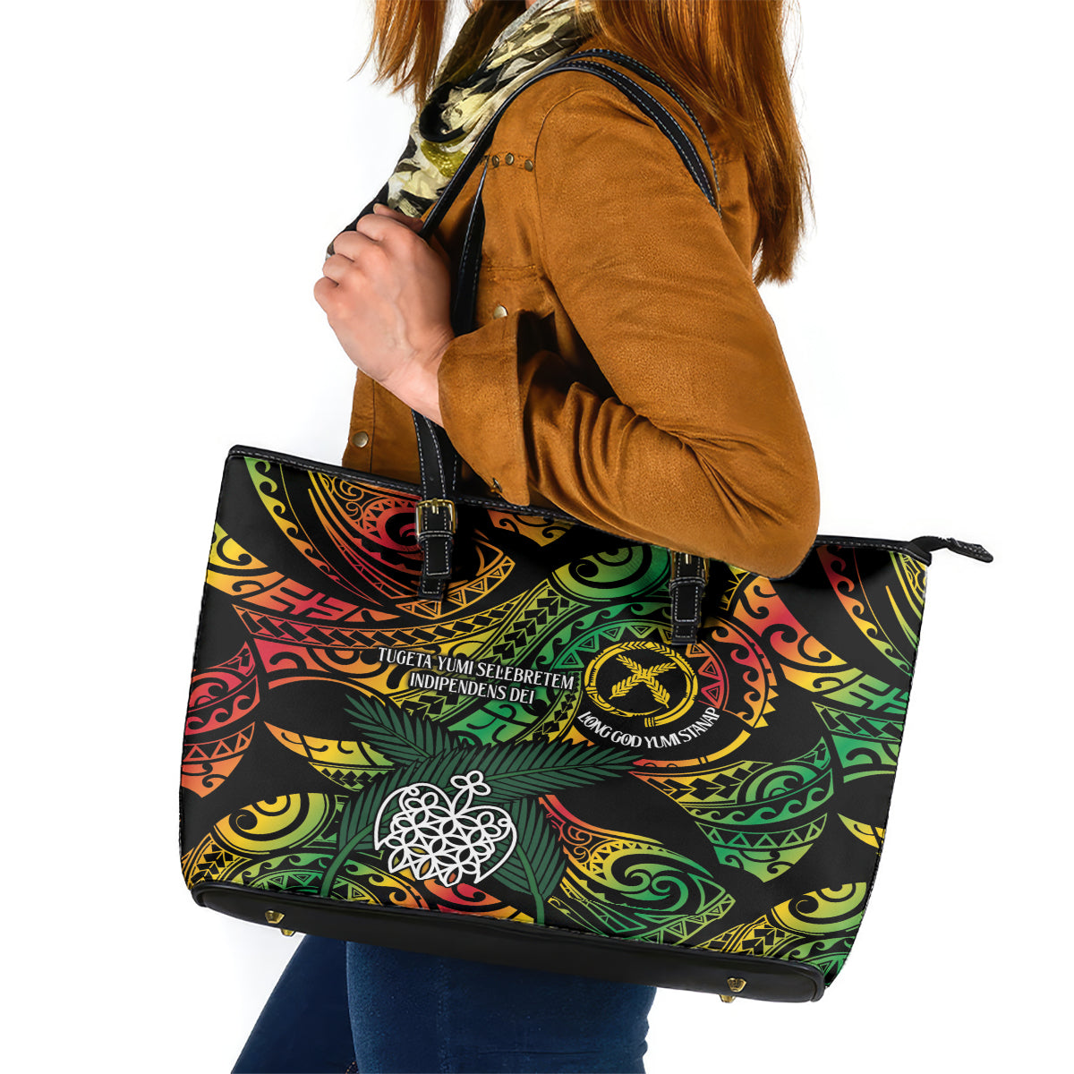 Vanuatu Indipendens Dei Leather Tote Bag Mix Traditional Sand Drawing LT7 Colorful - Polynesian Pride