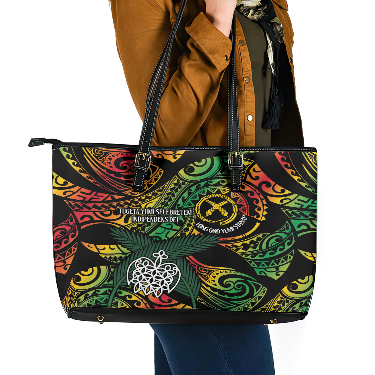 Vanuatu Indipendens Dei Leather Tote Bag Mix Traditional Sand Drawing LT7 - Polynesian Pride