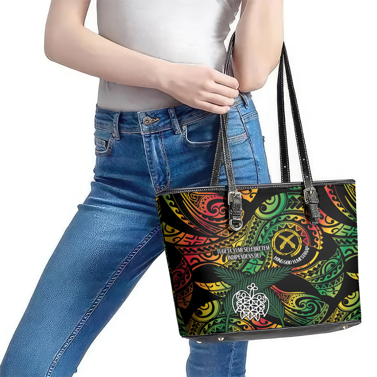Vanuatu Indipendens Dei Leather Tote Bag Mix Traditional Sand Drawing LT7 - Polynesian Pride