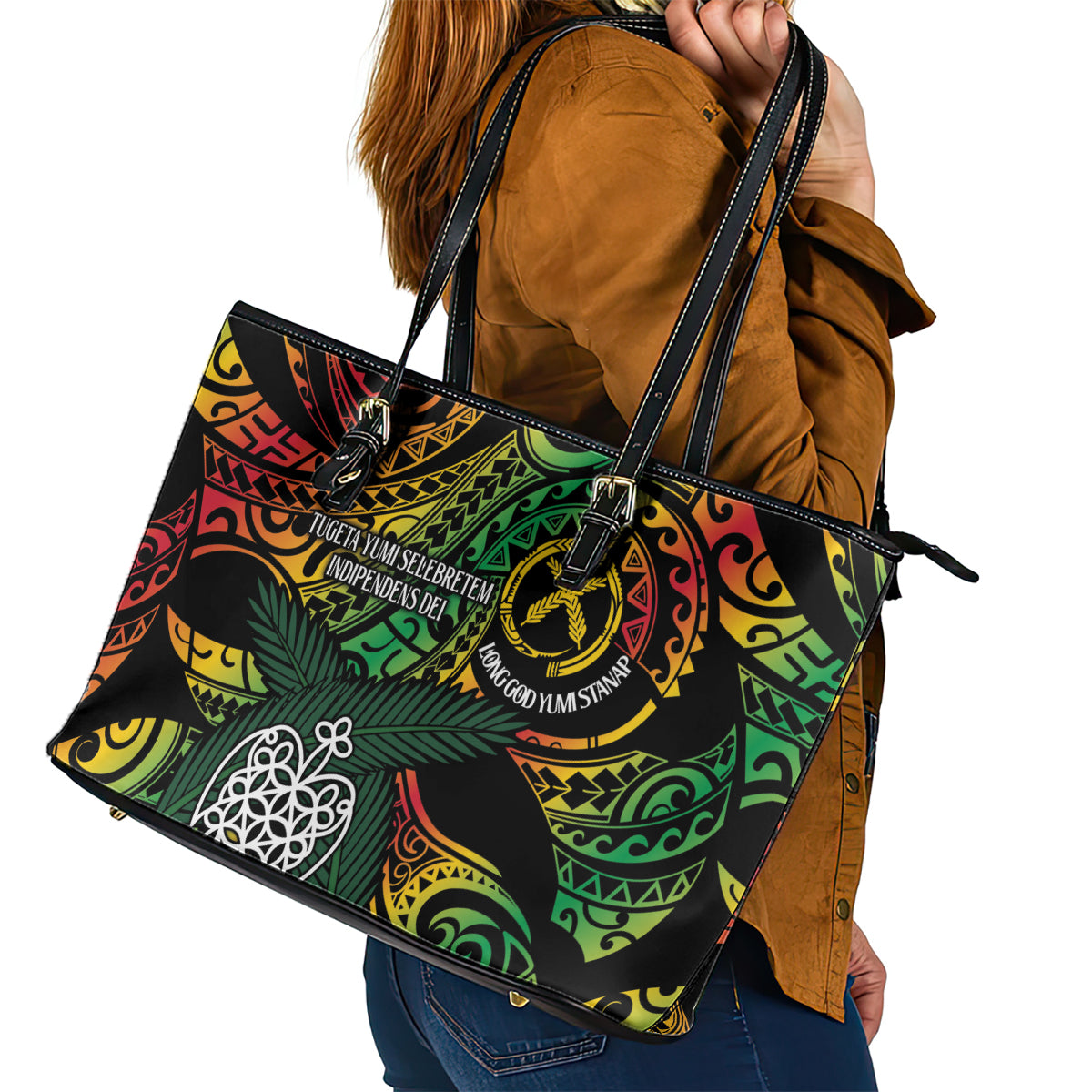 Vanuatu Indipendens Dei Leather Tote Bag Mix Traditional Sand Drawing LT7 - Polynesian Pride