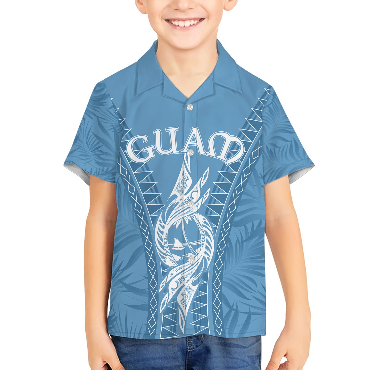 Personalised Guam Hawaiian Shirt Chamoro Latte Stone Mix Tropical - Blue LT7 - Polynesian Pride