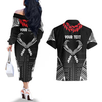 Personalized Talofa Samoa Couples Matching Off The Shoulder Long Sleeve Dress and Hawaiian Shirt Ulafala With Toa Nifo'oti - Black LT7 - Polynesian Pride