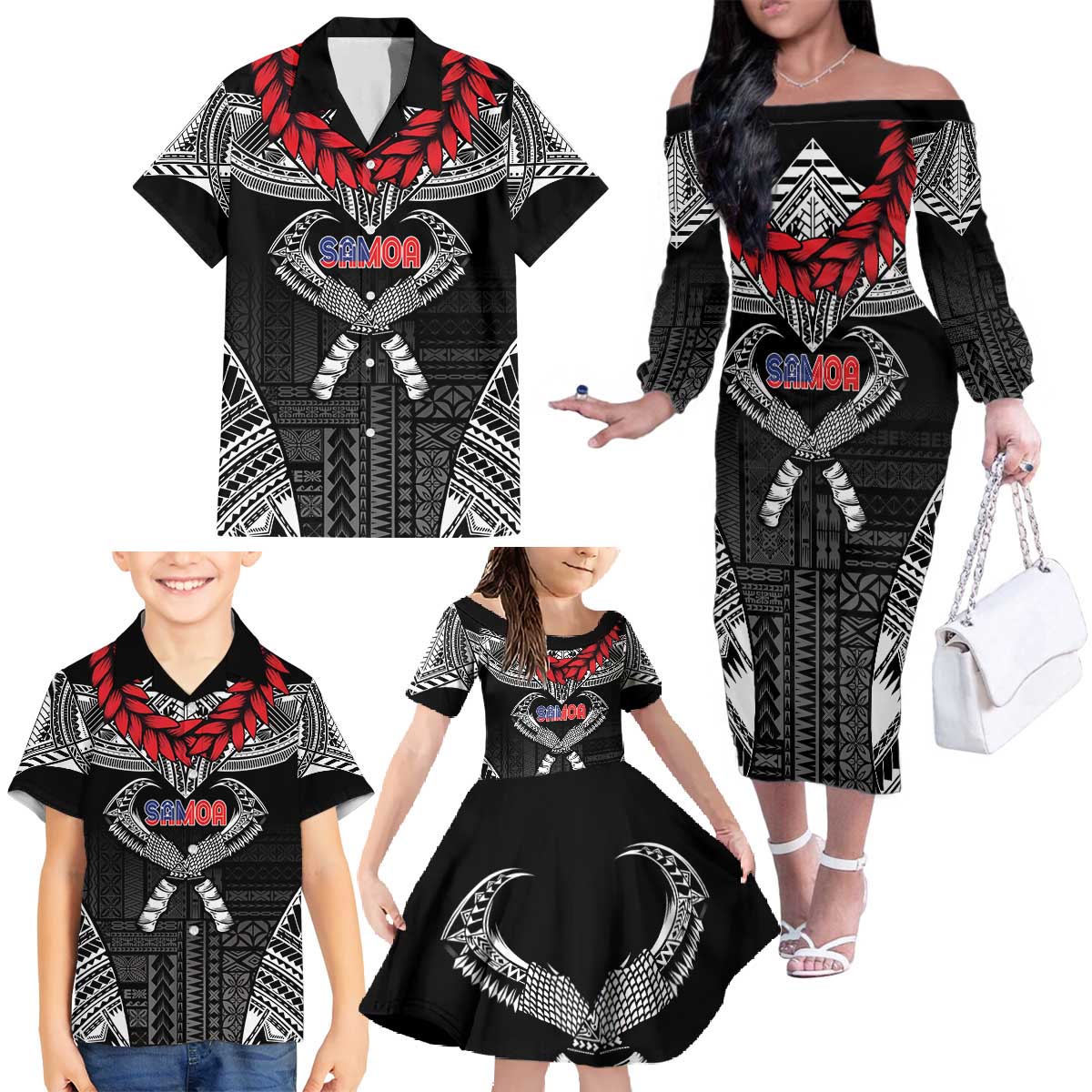 Personalized Talofa Samoa Family Matching Off The Shoulder Long Sleeve Dress and Hawaiian Shirt Ulafala With Toa Nifo'oti - Black LT7 - Polynesian Pride