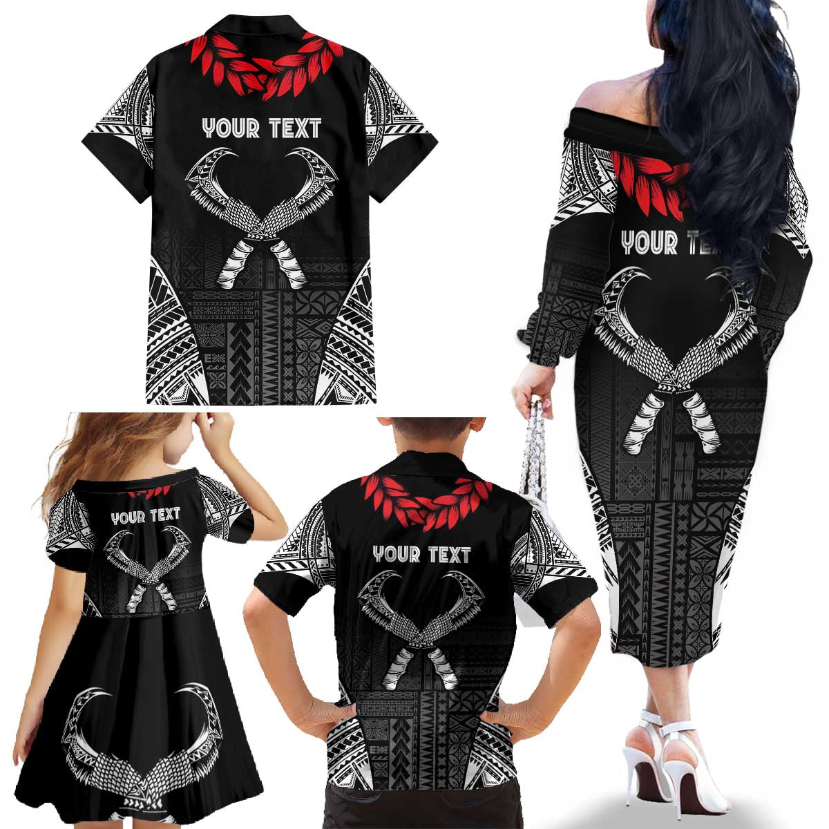 Personalized Talofa Samoa Family Matching Off The Shoulder Long Sleeve Dress and Hawaiian Shirt Ulafala With Toa Nifo'oti - Black LT7 - Polynesian Pride