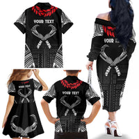 Personalized Talofa Samoa Family Matching Off The Shoulder Long Sleeve Dress and Hawaiian Shirt Ulafala With Toa Nifo'oti - Black LT7 - Polynesian Pride