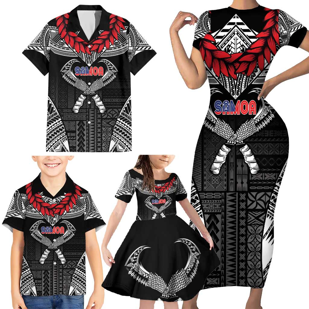 Personalized Talofa Samoa Family Matching Short Sleeve Bodycon Dress and Hawaiian Shirt Ulafala With Toa Nifo'oti - Black LT7 - Polynesian Pride
