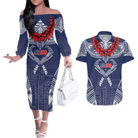 Personalized Talofa Samoa Couples Matching Off The Shoulder Long Sleeve Dress and Hawaiian Shirt Ulafala With Toa Nifo'oti - Blue LT7 Blue - Polynesian Pride