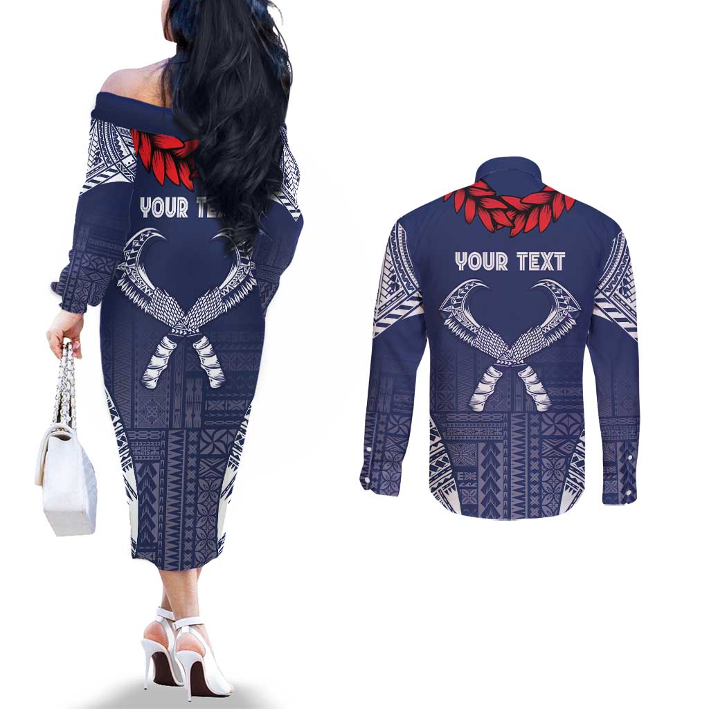 Personalized Talofa Samoa Couples Matching Off The Shoulder Long Sleeve Dress and Long Sleeve Button Shirt Ulafala With Toa Nifo'oti - Blue
