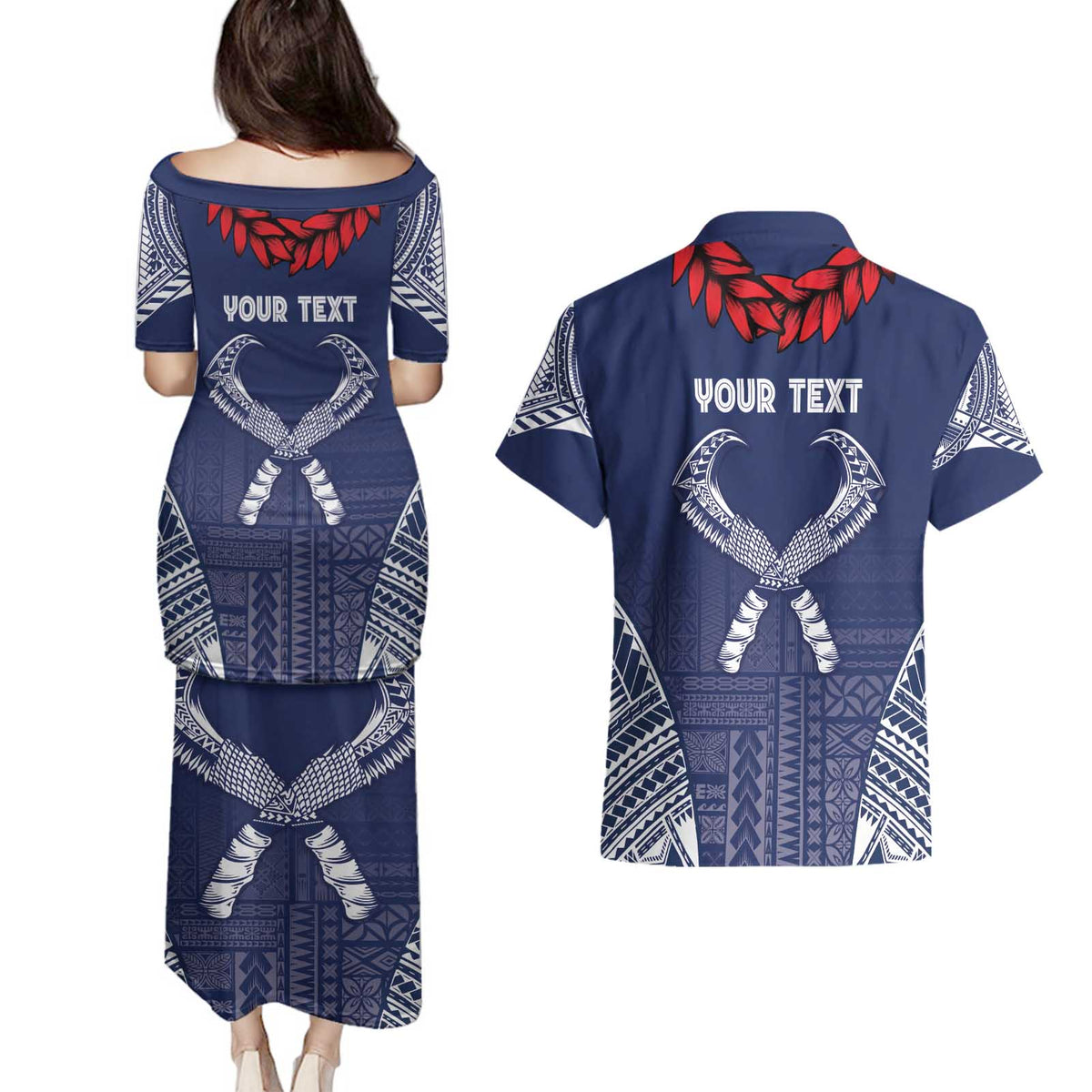 Personalized Talofa Samoa Couples Matching Puletasi and Hawaiian Shirt Ulafala With Toa Nifo'oti - Blue