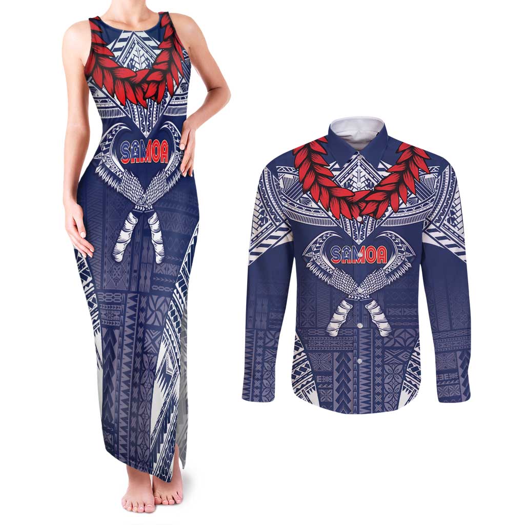 Personalized Talofa Samoa Couples Matching Tank Maxi Dress and Long Sleeve Button Shirt Ulafala With Toa Nifo'oti - Blue LT7 Blue - Polynesian Pride