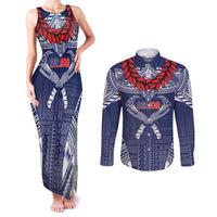 Personalized Talofa Samoa Couples Matching Tank Maxi Dress and Long Sleeve Button Shirt Ulafala With Toa Nifo'oti - Blue LT7 Blue - Polynesian Pride