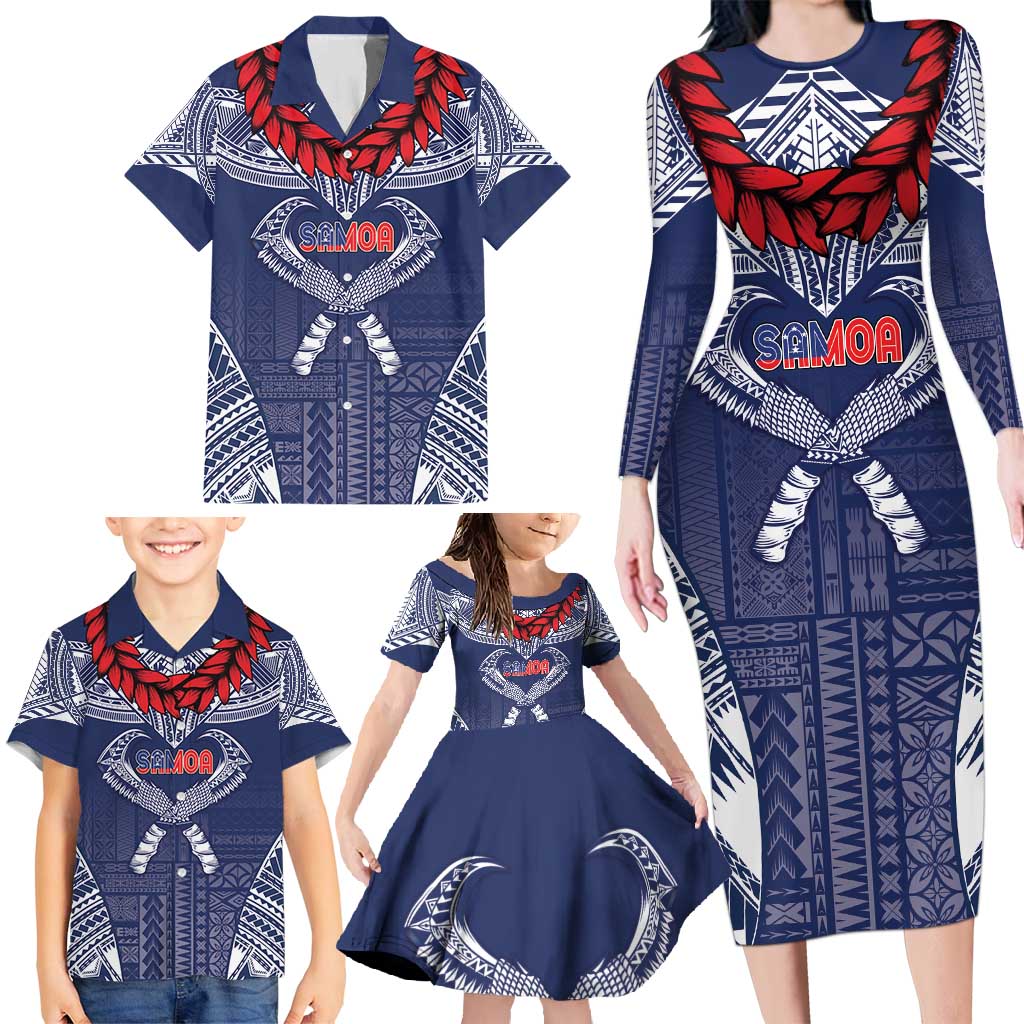 Personalized Talofa Samoa Family Matching Long Sleeve Bodycon Dress and Hawaiian Shirt Ulafala With Toa Nifo'oti - Blue LT7 - Polynesian Pride
