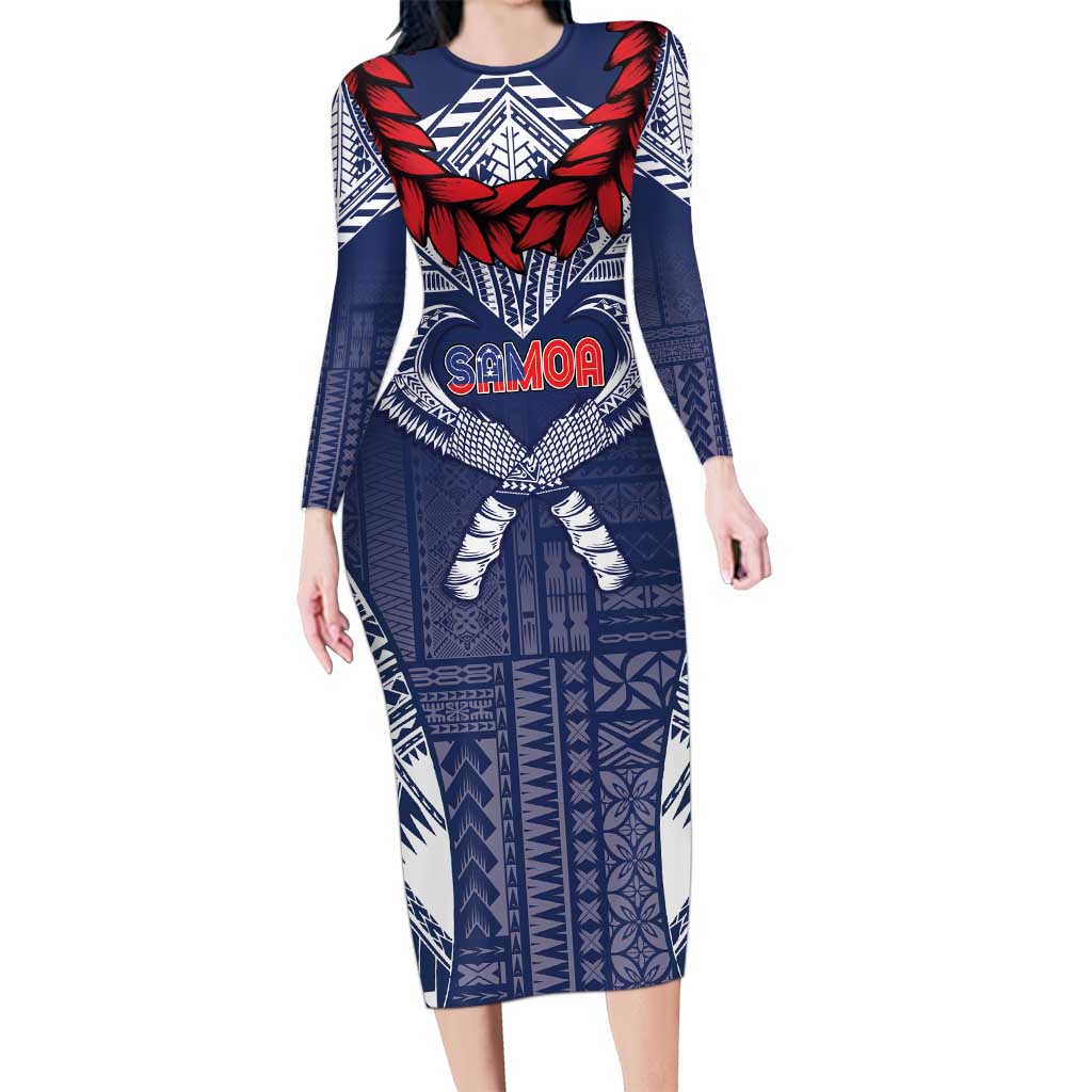 Personalized Talofa Samoa Family Matching Long Sleeve Bodycon Dress and Hawaiian Shirt Ulafala With Toa Nifo'oti - Blue LT7 Mom's Dress Blue - Polynesian Pride