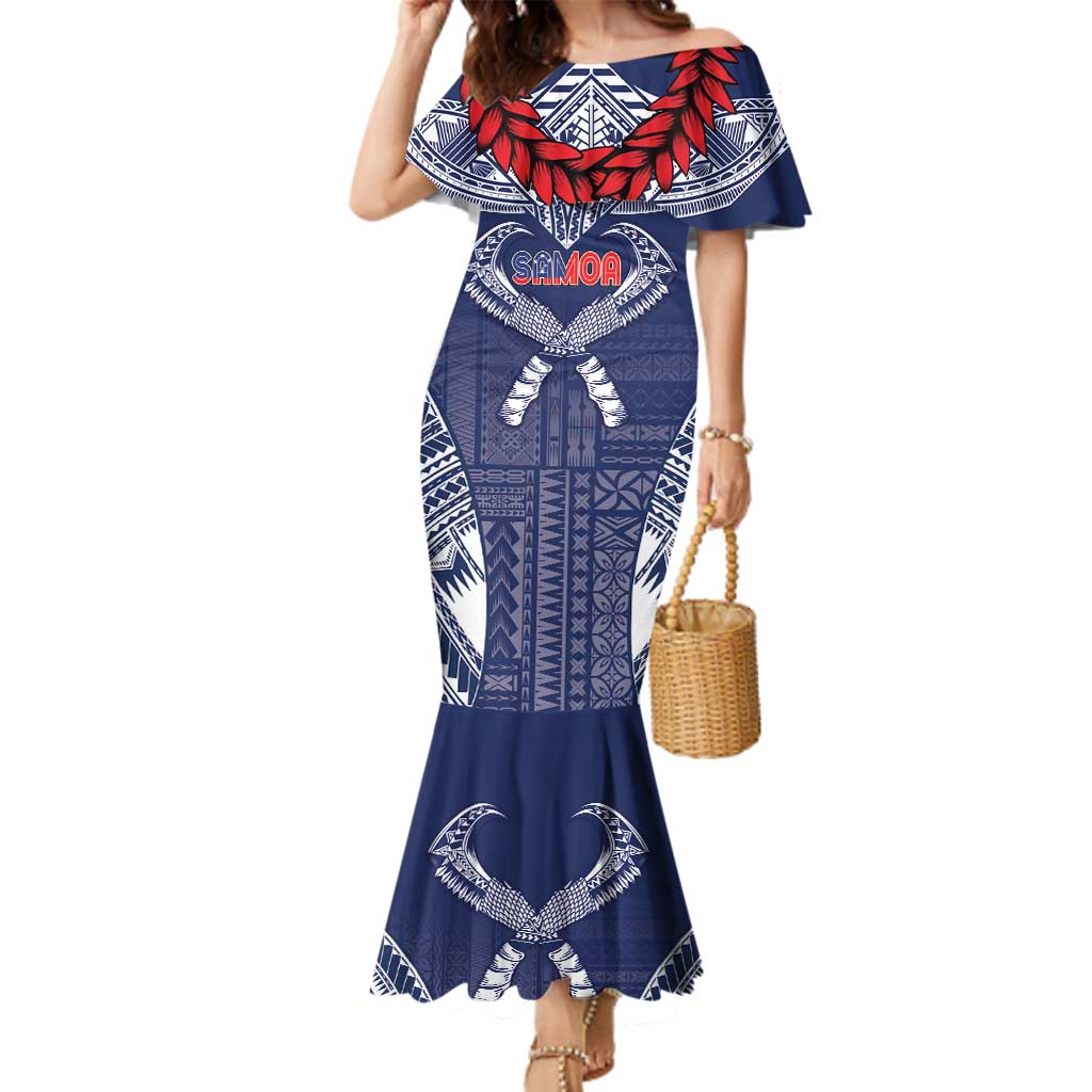 Personalized Talofa Samoa Family Matching Mermaid Dress and Hawaiian Shirt Ulafala With Toa Nifo'oti - Blue LT7 Mom's Dress Blue - Polynesian Pride