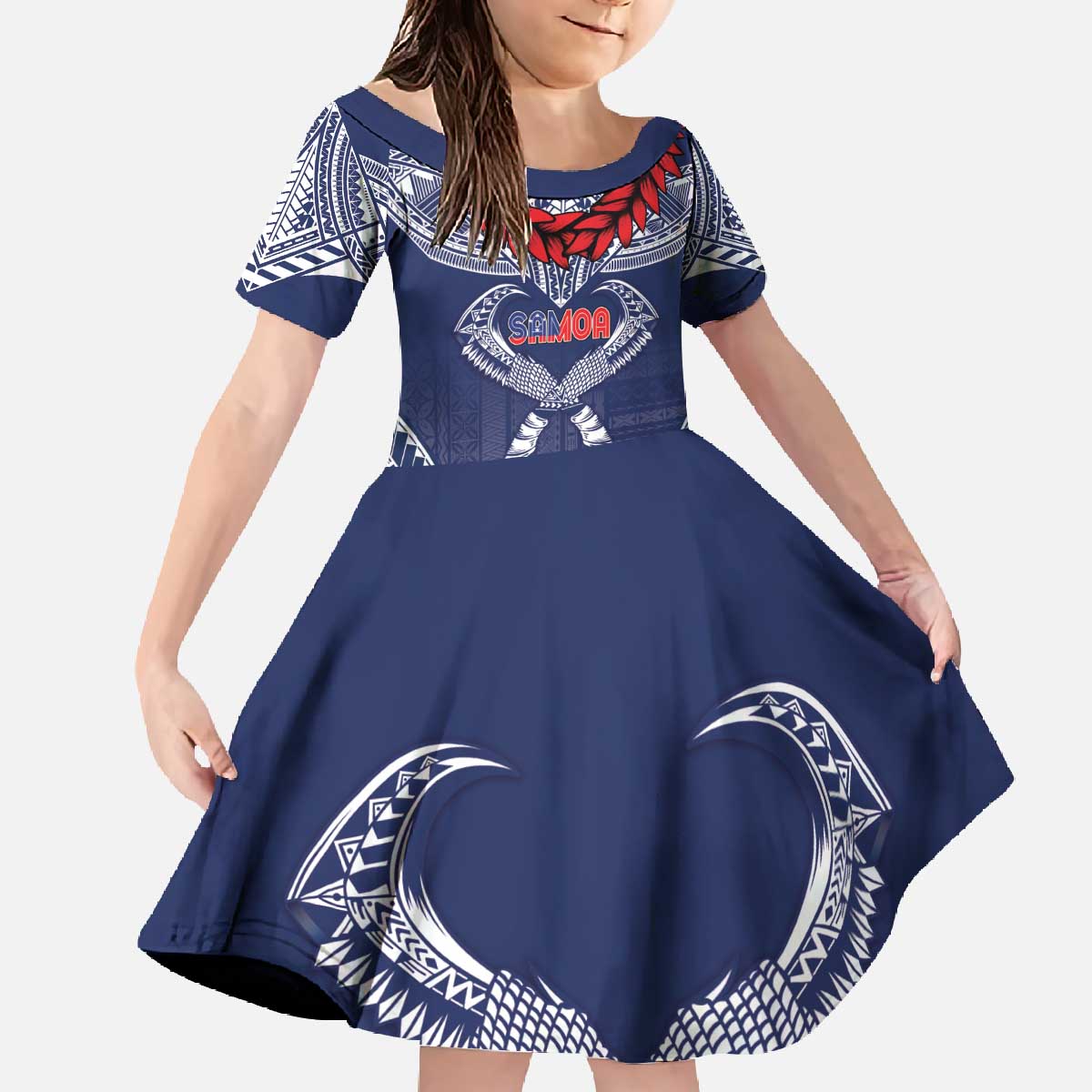Personalized Talofa Samoa Family Matching Off The Shoulder Long Sleeve Dress and Hawaiian Shirt Ulafala With Toa Nifo'oti - Blue LT7 Daughter's Dress Blue - Polynesian Pride