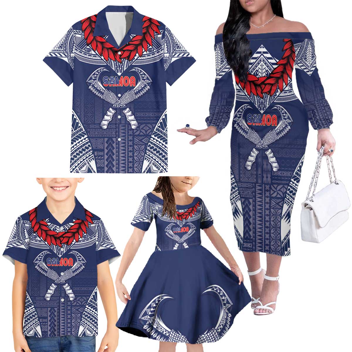 Personalized Talofa Samoa Family Matching Off The Shoulder Long Sleeve Dress and Hawaiian Shirt Ulafala With Toa Nifo'oti - Blue LT7 - Polynesian Pride