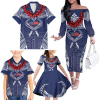 Personalized Talofa Samoa Family Matching Off The Shoulder Long Sleeve Dress and Hawaiian Shirt Ulafala With Toa Nifo'oti - Blue LT7 - Polynesian Pride