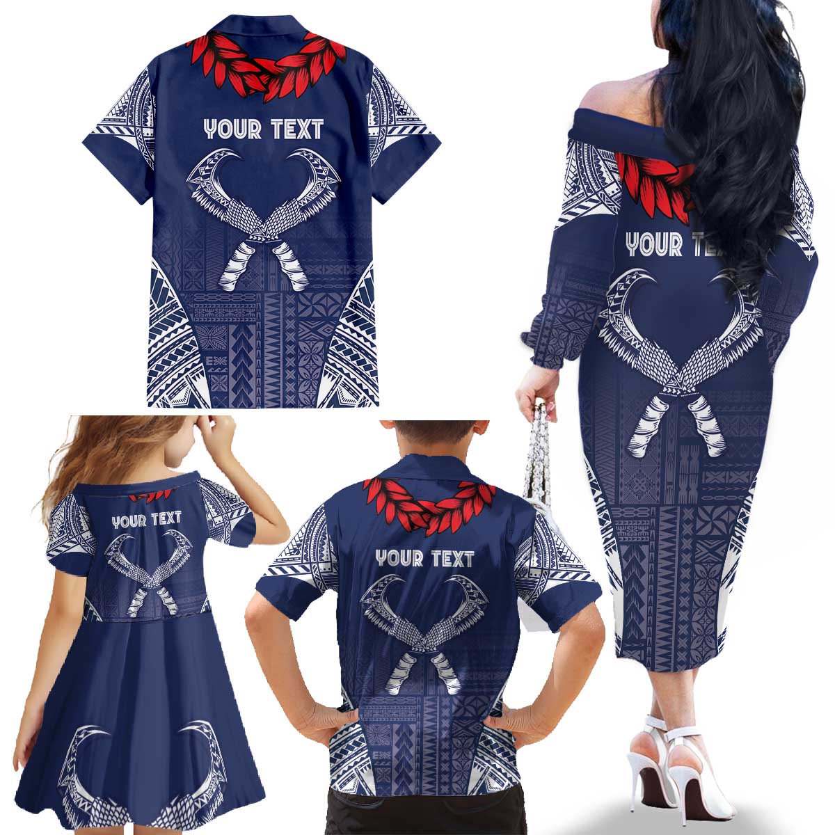 Personalized Talofa Samoa Family Matching Off The Shoulder Long Sleeve Dress and Hawaiian Shirt Ulafala With Toa Nifo'oti - Blue LT7 - Polynesian Pride
