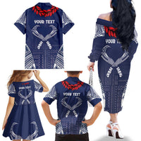 Personalized Talofa Samoa Family Matching Off The Shoulder Long Sleeve Dress and Hawaiian Shirt Ulafala With Toa Nifo'oti - Blue LT7 - Polynesian Pride