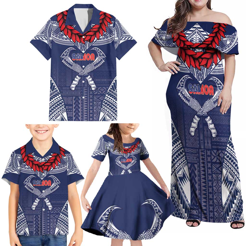Personalized Talofa Samoa Family Matching Off Shoulder Maxi Dress and Hawaiian Shirt Ulafala With Toa Nifo'oti - Blue LT7 - Polynesian Pride