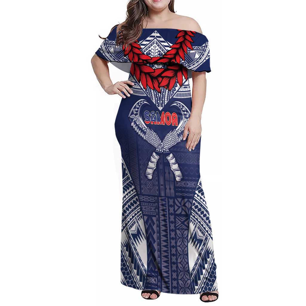 Personalized Talofa Samoa Family Matching Off Shoulder Maxi Dress and Hawaiian Shirt Ulafala With Toa Nifo'oti - Blue LT7 Mom's Dress Blue - Polynesian Pride