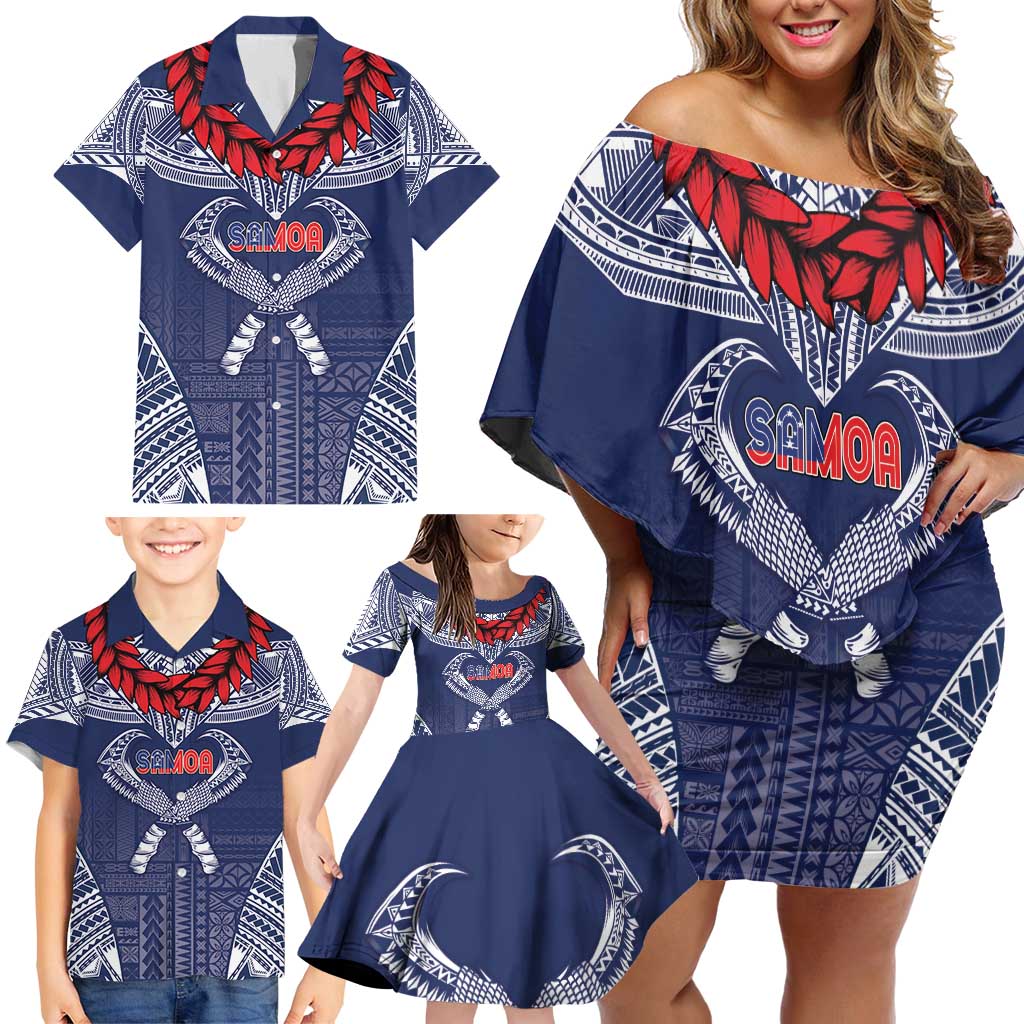 Personalized Talofa Samoa Family Matching Off Shoulder Short Dress and Hawaiian Shirt Ulafala With Toa Nifo'oti - Blue LT7 - Polynesian Pride