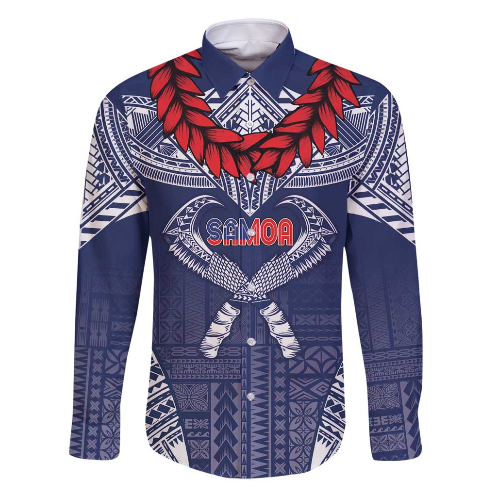 Personalized Talofa Samoa Family Matching Off Shoulder Short Dress and Hawaiian Shirt Ulafala With Toa Nifo'oti - Blue LT7 Dad's Shirt - Long Sleeve Blue - Polynesian Pride