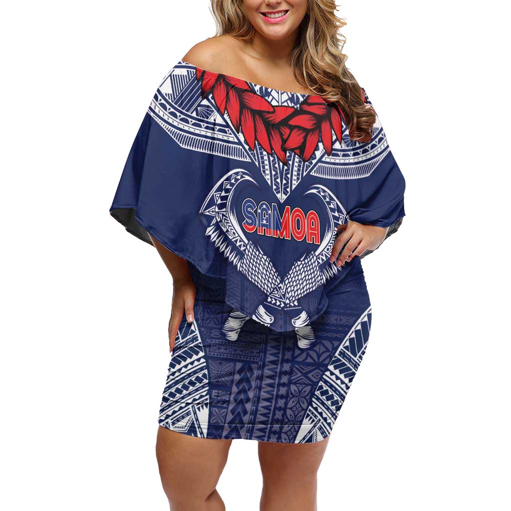 Personalized Talofa Samoa Family Matching Off Shoulder Short Dress and Hawaiian Shirt Ulafala With Toa Nifo'oti - Blue LT7 Mom's Dress Blue - Polynesian Pride