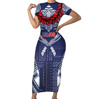Personalized Talofa Samoa Family Matching Short Sleeve Bodycon Dress and Hawaiian Shirt Ulafala With Toa Nifo'oti - Blue LT7 Mom's Dress Blue - Polynesian Pride