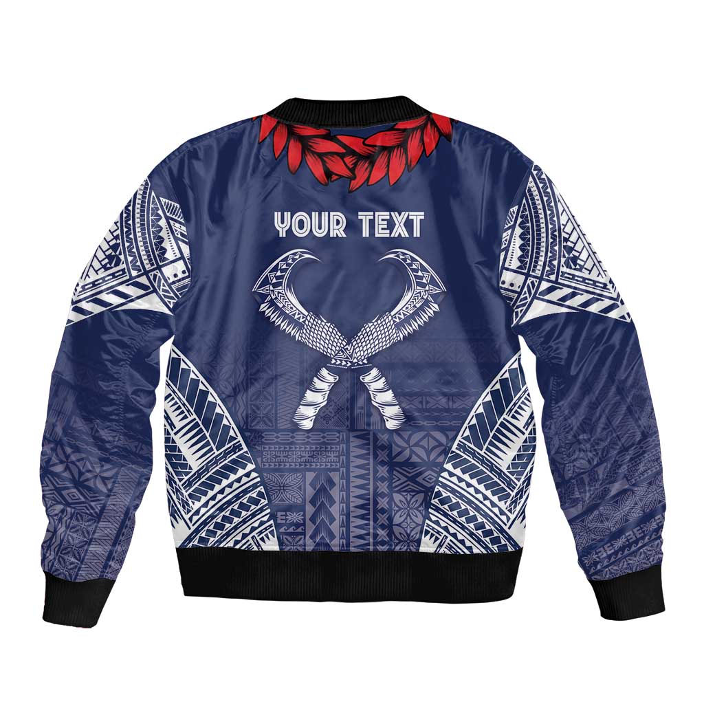 Personalized Talofa Samoa Sleeve Zip Bomber Jacket Ulafala With Toa Nifo'oti - Blue LT7 - Polynesian Pride