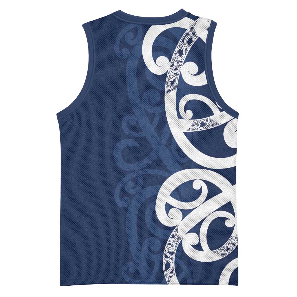 New Zealand Maori Mo Bros Basketball Jersey Blue Ribbon With Koru Kowhaiwhai LT7 - Polynesian Pride