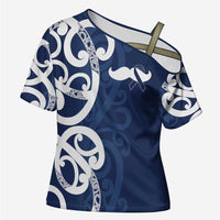 New Zealand Maori Mo Bros Cross Shoulder Shirt Blue Ribbon With Koru Kowhaiwhai LT7 Female Blue - Polynesian Pride