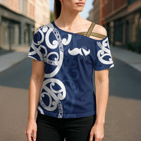 New Zealand Maori Mo Bros Cross Shoulder Shirt Blue Ribbon With Koru Kowhaiwhai LT7 - Polynesian Pride