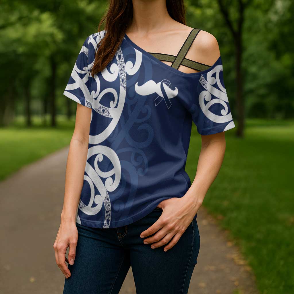 New Zealand Maori Mo Bros Cross Shoulder Shirt Blue Ribbon With Koru Kowhaiwhai LT7 - Polynesian Pride