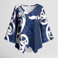 New Zealand Maori Mo Bros Kimono Sleeve Blouse Blue Ribbon With Koru Kowhaiwhai LT7 Female Blue - Polynesian Pride