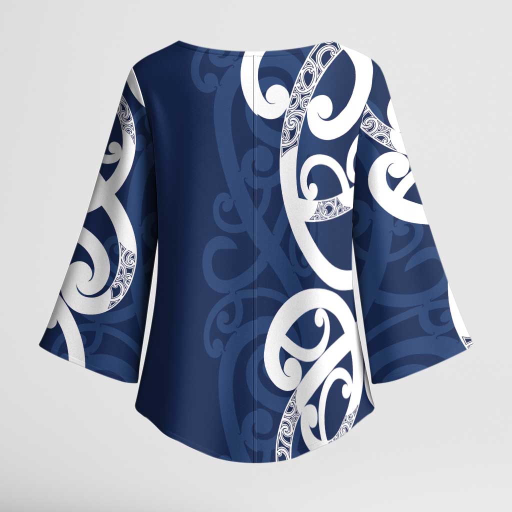 New Zealand Maori Mo Bros Kimono Sleeve Blouse Blue Ribbon With Koru Kowhaiwhai LT7 - Polynesian Pride