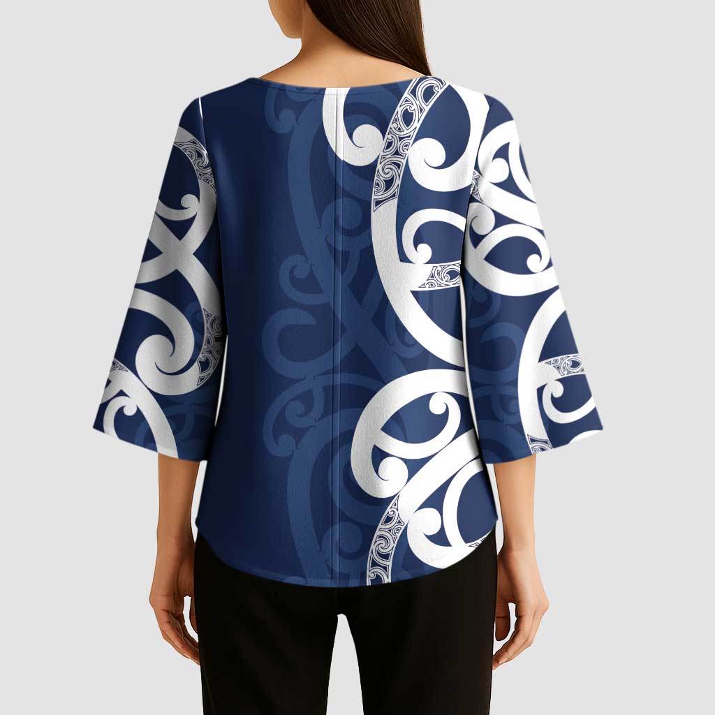 New Zealand Maori Mo Bros Kimono Sleeve Blouse Blue Ribbon With Koru Kowhaiwhai LT7 - Polynesian Pride
