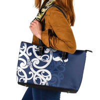 New Zealand Maori Mo Bros Leather Tote Bag Blue Ribbon With Koru Kowhaiwhai LT7 Blue - Polynesian Pride