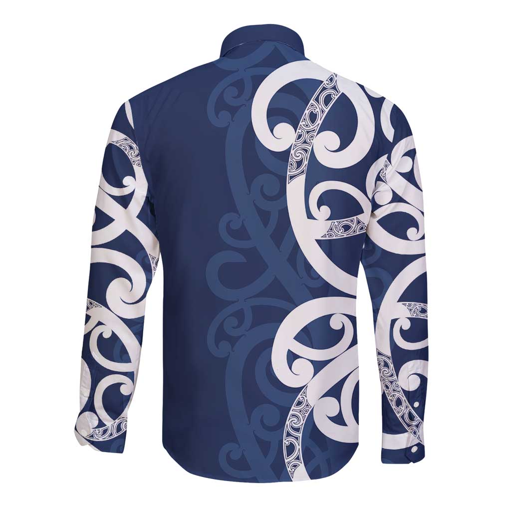 New Zealand Maori Mo Bros Long Sleeve Button Shirt Blue Ribbon With Koru Kowhaiwhai LT7 - Polynesian Pride