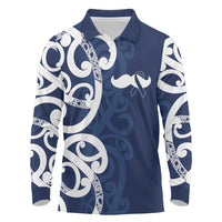 New Zealand Maori Mo Bros Long Sleeve Polo Shirt Blue Ribbon With Koru Kowhaiwhai LT7 Blue - Polynesian Pride