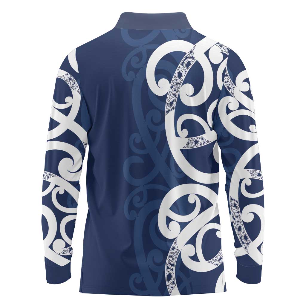 New Zealand Maori Mo Bros Long Sleeve Polo Shirt Blue Ribbon With Koru Kowhaiwhai LT7 - Polynesian Pride