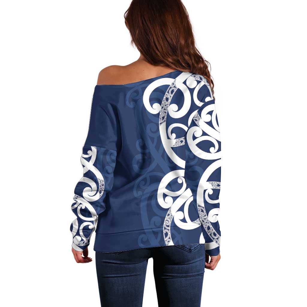 New Zealand Maori Mo Bros Off Shoulder Sweater Blue Ribbon With Koru Kowhaiwhai LT7 - Polynesian Pride