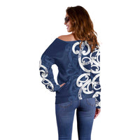 New Zealand Maori Mo Bros Off Shoulder Sweater Blue Ribbon With Koru Kowhaiwhai LT7 - Polynesian Pride